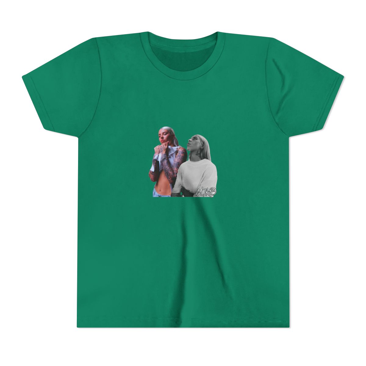 Black T Shirt featuring a graphic of two women. The text "YOUNG" is printed in silver above the image. The text "MIKO" is printed in silver below the image (Kids) - alternate angle 2, merchandise