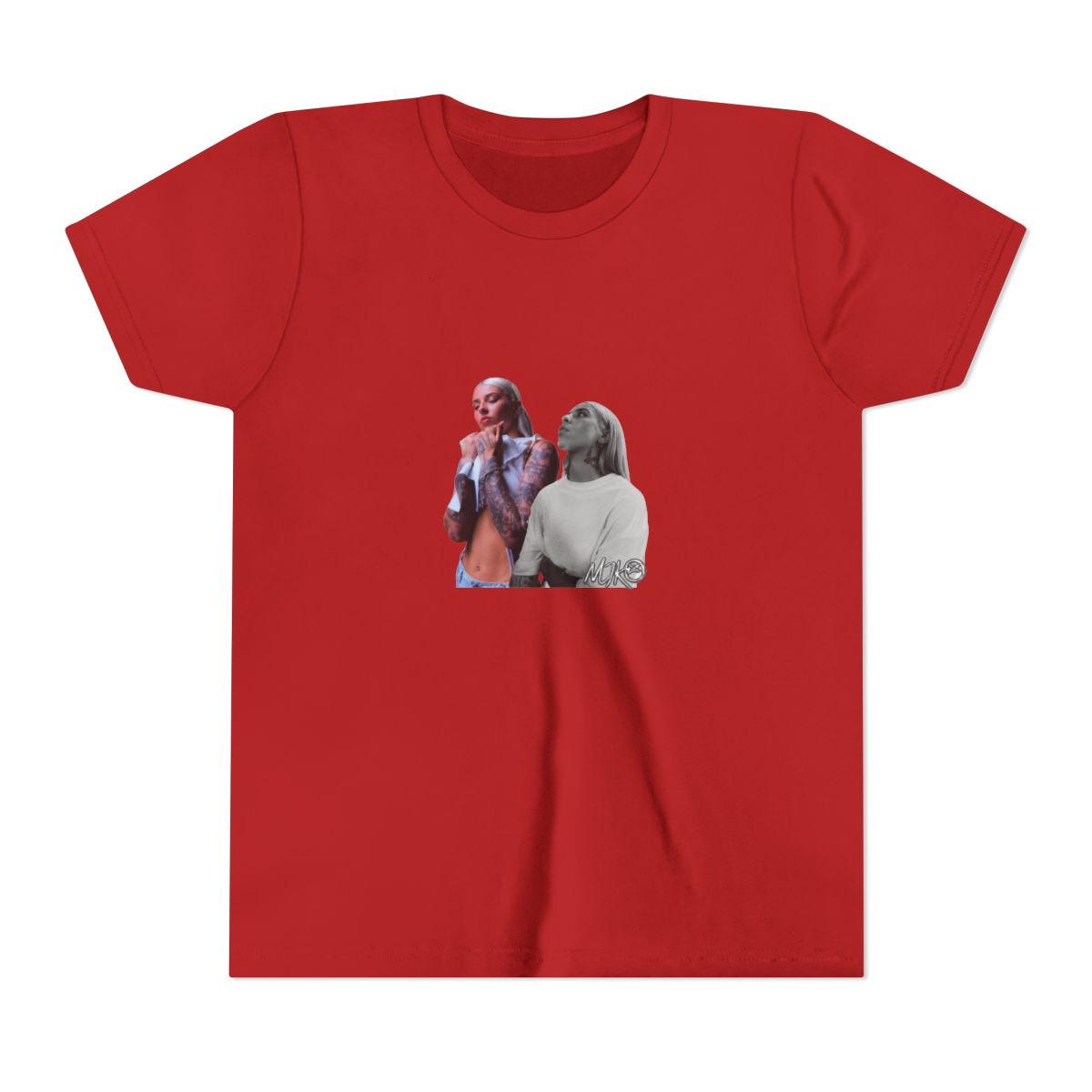 Black T Shirt featuring a graphic of two women. The text "YOUNG" is printed in silver above the image. The text "MIKO" is printed in silver below the image (Kids) - alternate angle 5, merchandise