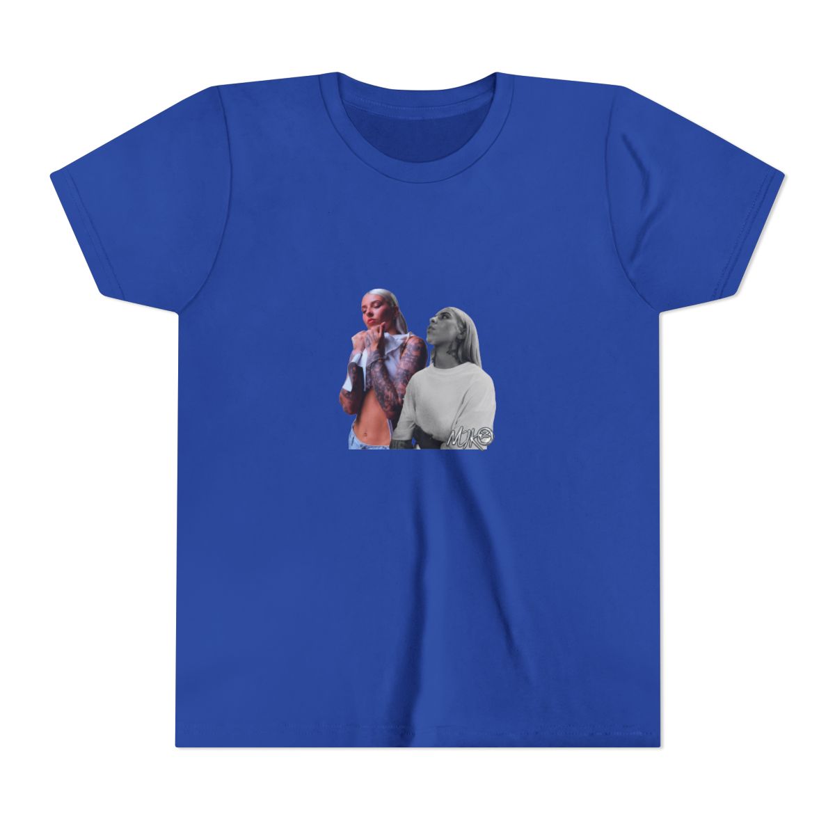 Black T Shirt featuring a graphic of two women. The text "YOUNG" is printed in silver above the image. The text "MIKO" is printed in silver below the image (Kids) - alternate angle 3, merchandise