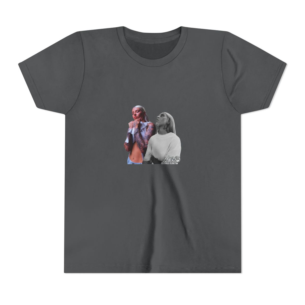 Black T Shirt featuring a graphic of two women. The text "YOUNG" is printed in silver above the image. The text "MIKO" is printed in silver below the image (Kids) - alternate angle 4, merchandise